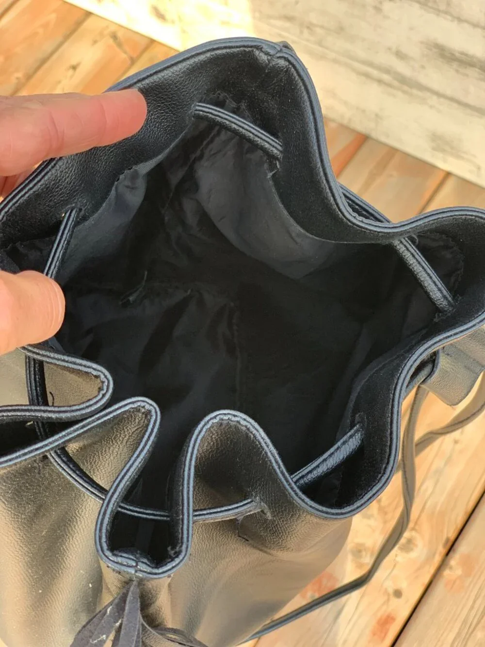 Victoria’s Secret Black Fringe Backpack Faux Leather Drawstring Bucket Bag Purse